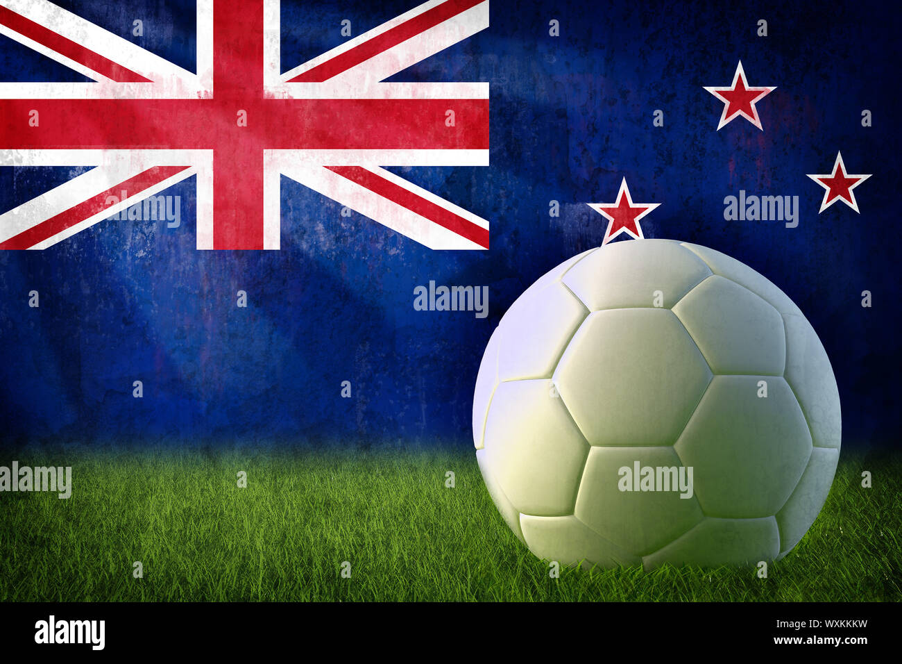 Grunge New Zeland flag on wall and soccer ball Stock Photo