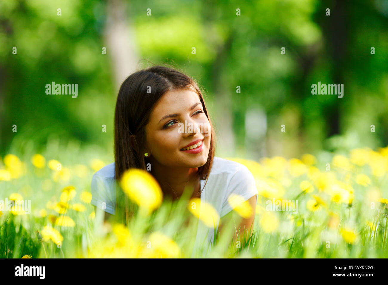 Beautiful young woman lying on grass with flowers Stock Photo - Alamy