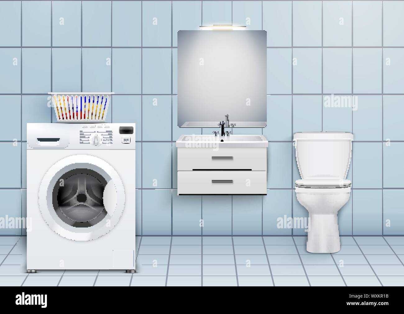Washer And Washbasin Cabinet With Mirror And Toilet Domestic