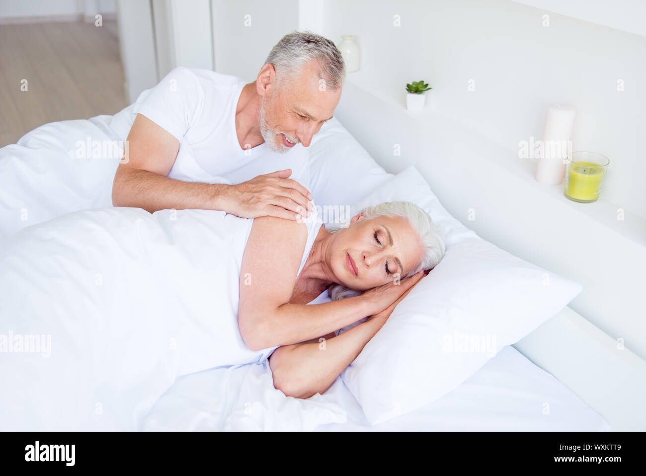 High angle top view of careless, carefree man holds his wife by Stock ...
