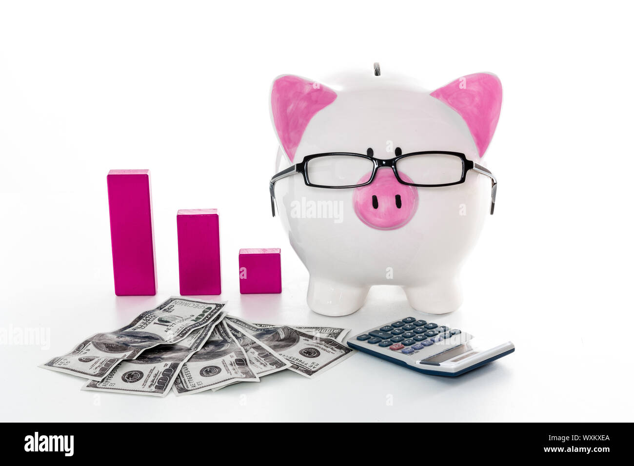 Piggy bank wearing glasses with dollars calculator and pink graph model ...
