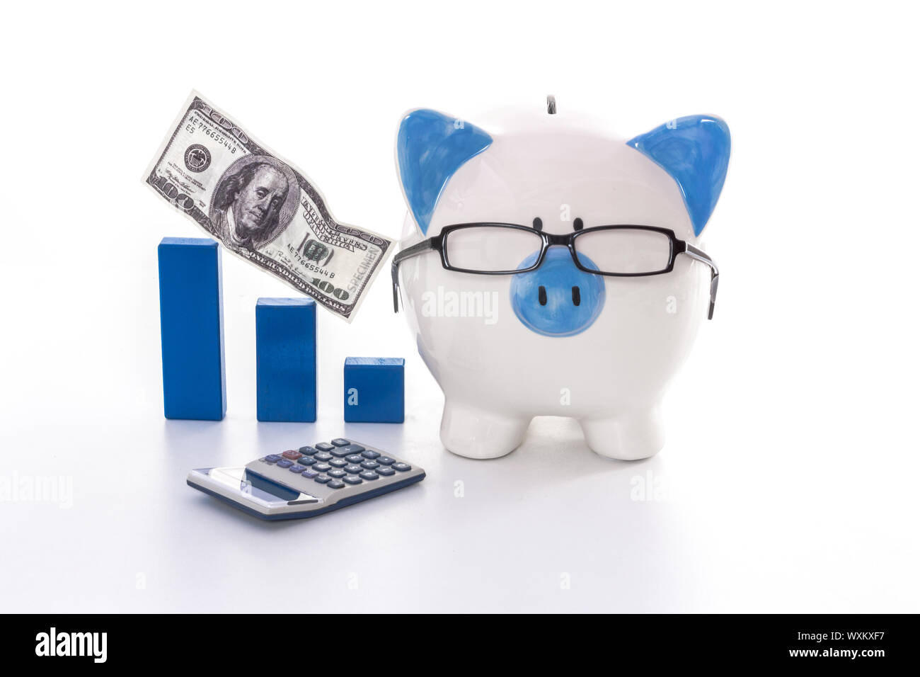 Blue and white piggy bank wearing glasses with blue graph model and ...