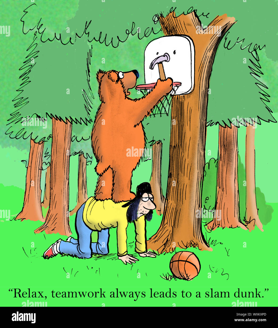 'Hey, teamwork can't always be a slam dunk.' Stock Photo