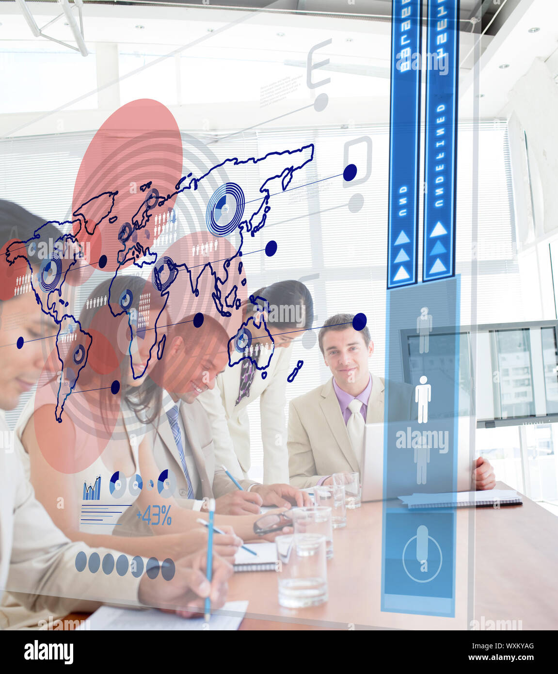 Serious business people using blue map interface in a meeting Stock Photo