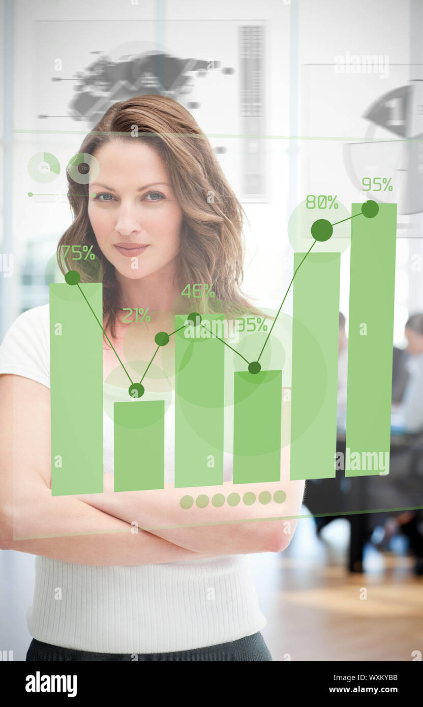 Confident blonde businesswoman using green chart interface with statistics Stock Photo