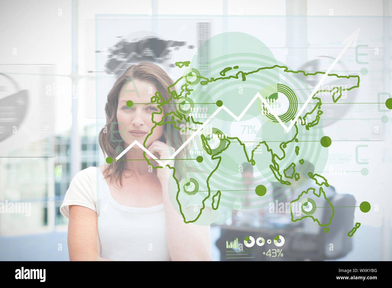 Blonde businesswoman using green map interface with growing curve Stock Photo