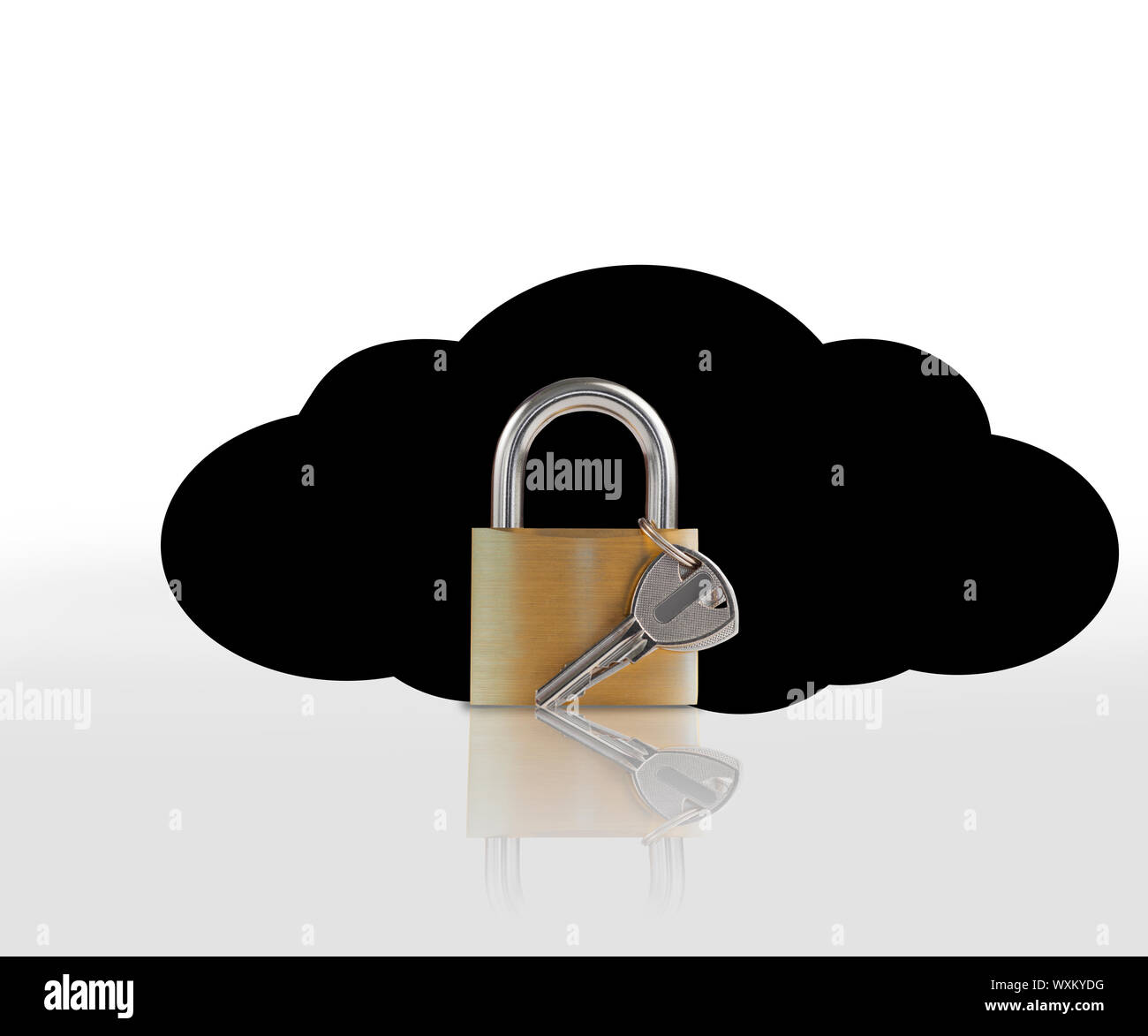 Padlock and key against black cloud on white background Stock Photo