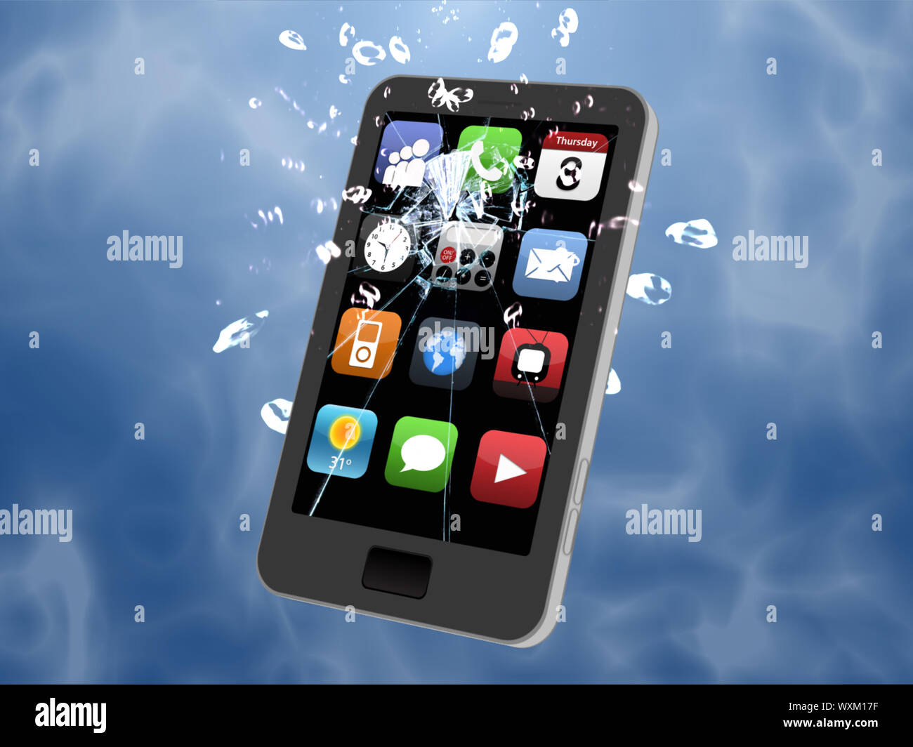 Smartphone in water being broken on blue background Stock Photo
