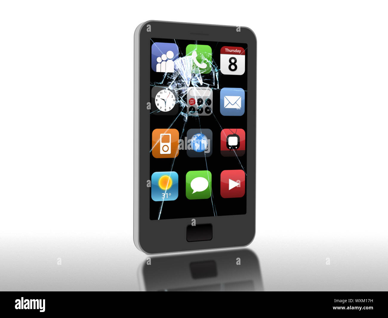 Broken smartphone standing on a reflective surface on white background Stock Photo