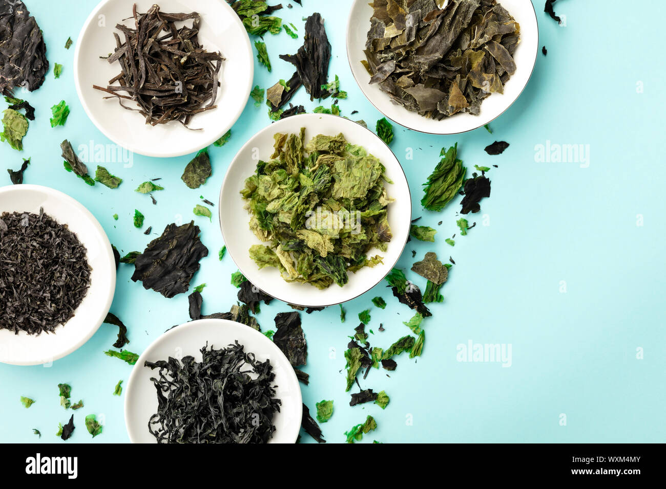 Various dry seaweed, sea vegetables, shot from above on a blue background with copy space Stock Photo