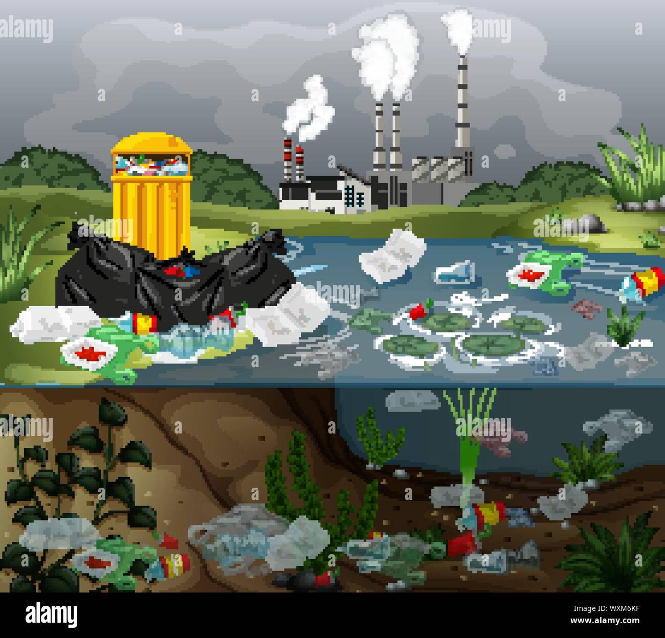 Water pollution with plastic bags in river illustration Stock Vector ...