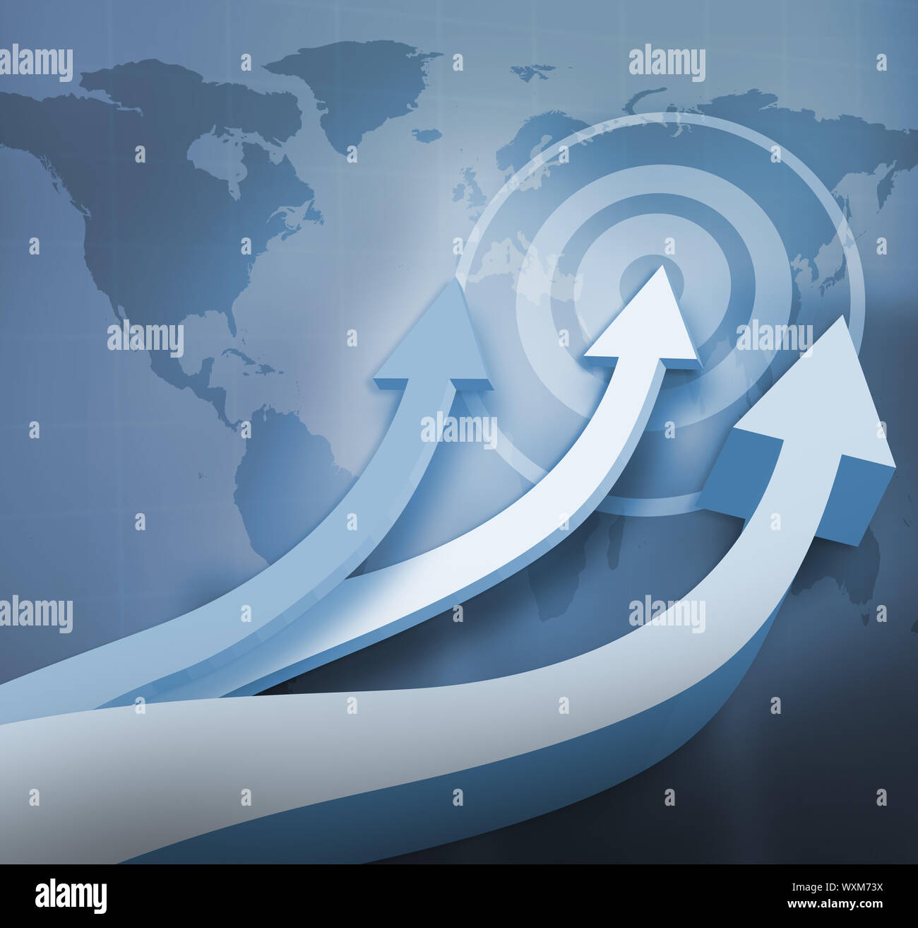 Blue arrows pointing up with a world map on the background Stock Photo ...