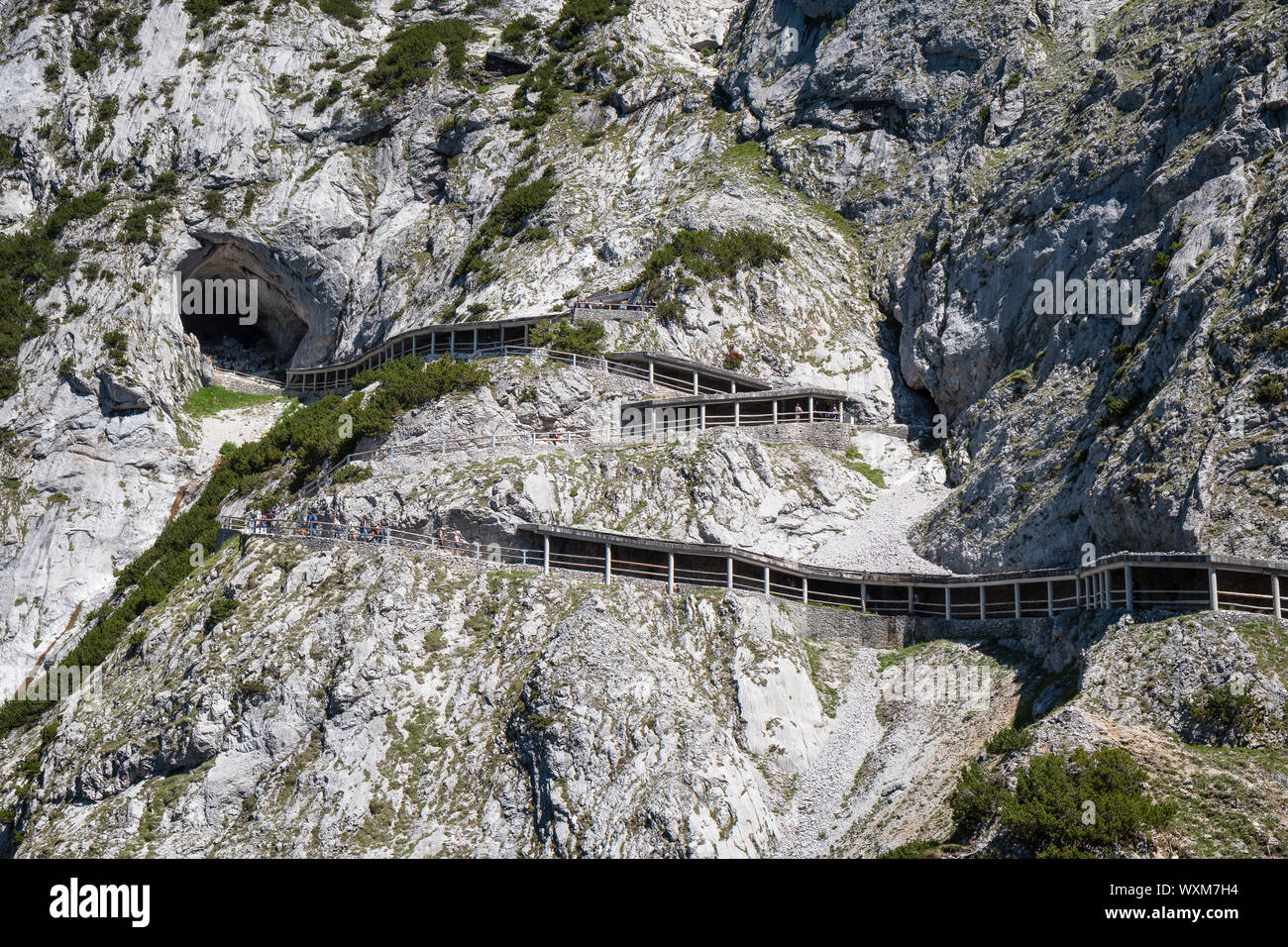 Werfen, Austria - July 23, 2019: Mountain trail to big Eisriesenwelt ice cave at summer day in in Alps Austria, July 23, 2019. Stock Photo