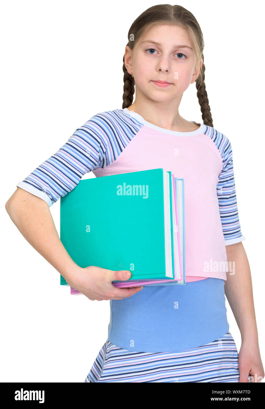 Girl with books on the white background Stock Photo - Alamy