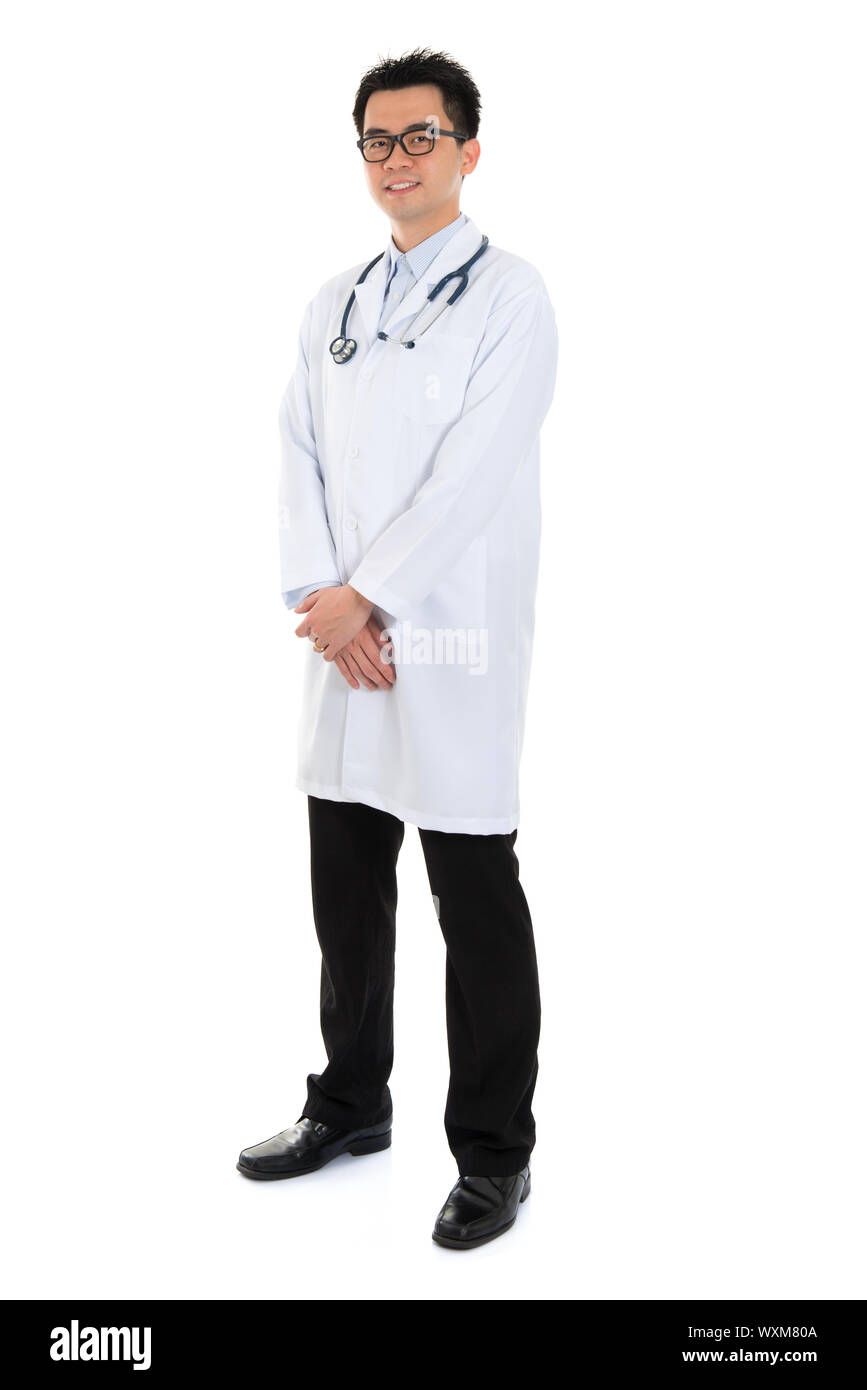 Full body Asian male medical doctor, standing isolated on white