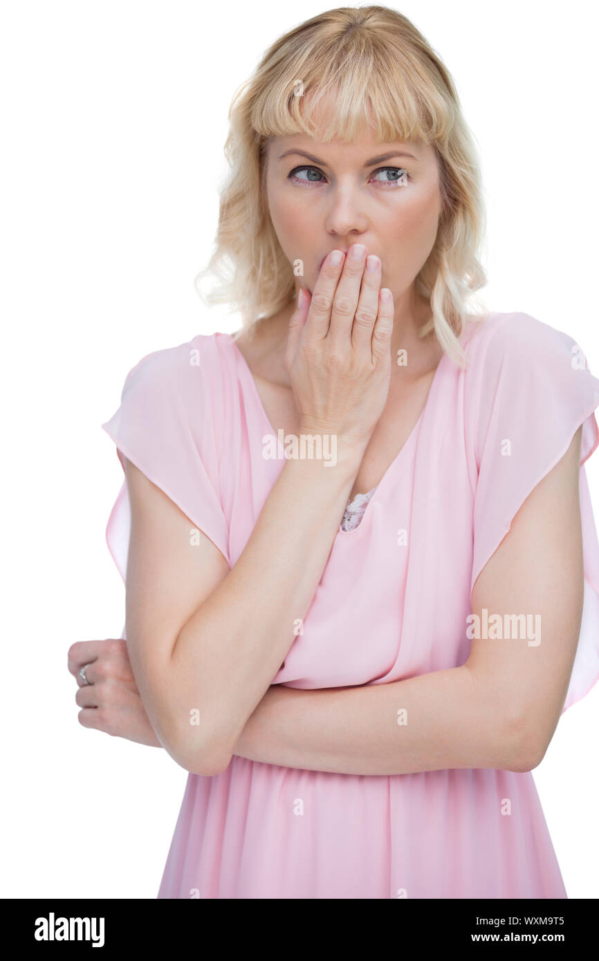 Surprised blonde woman putting hi-res stock photography and images - Alamy