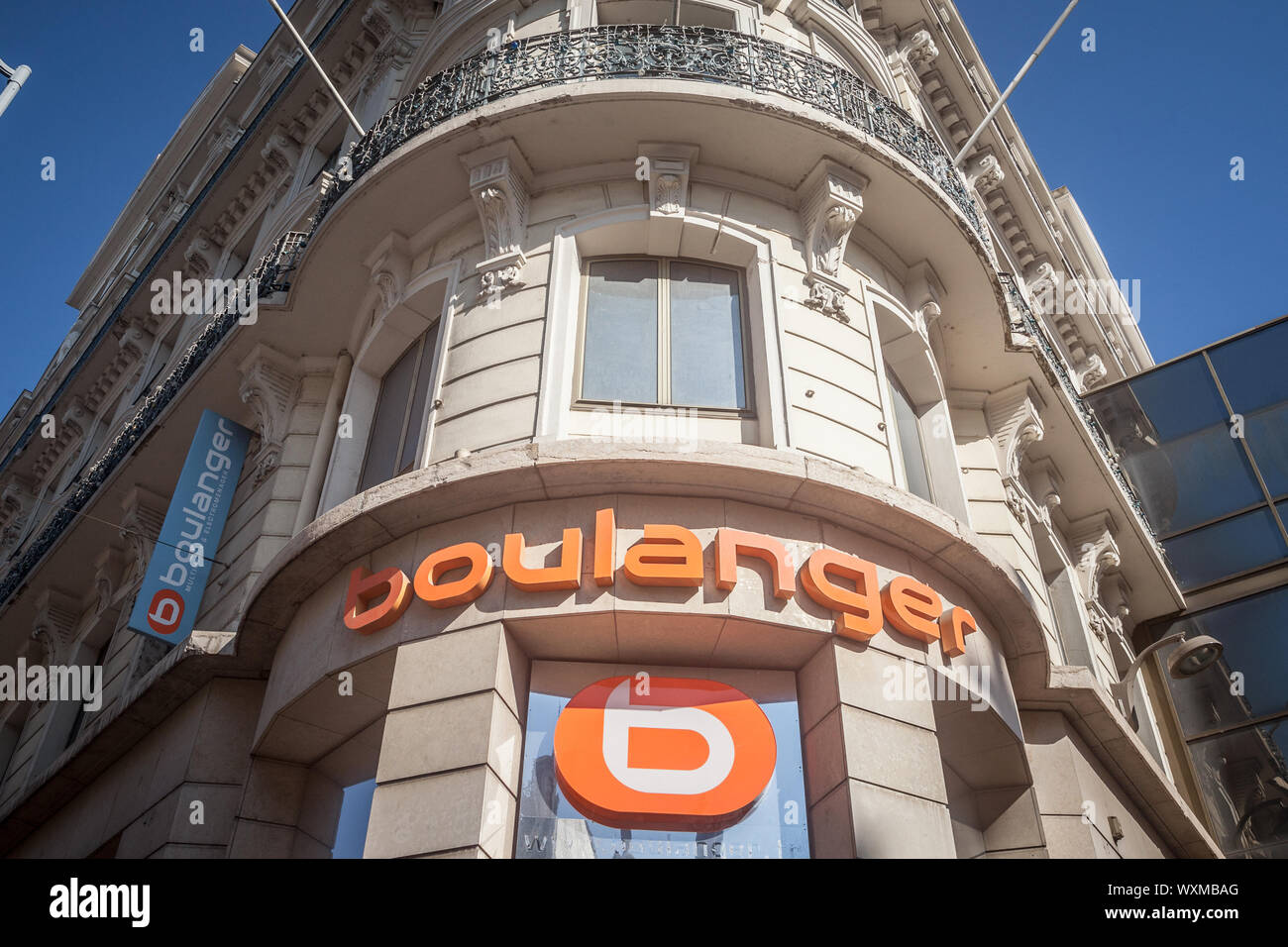 LYON, FRANCE - JULY 13, 2019: Boulanger Logo in front of their shop for Lyon. Boulanger is a French chain of electronics, technology and appliances re Stock Photo