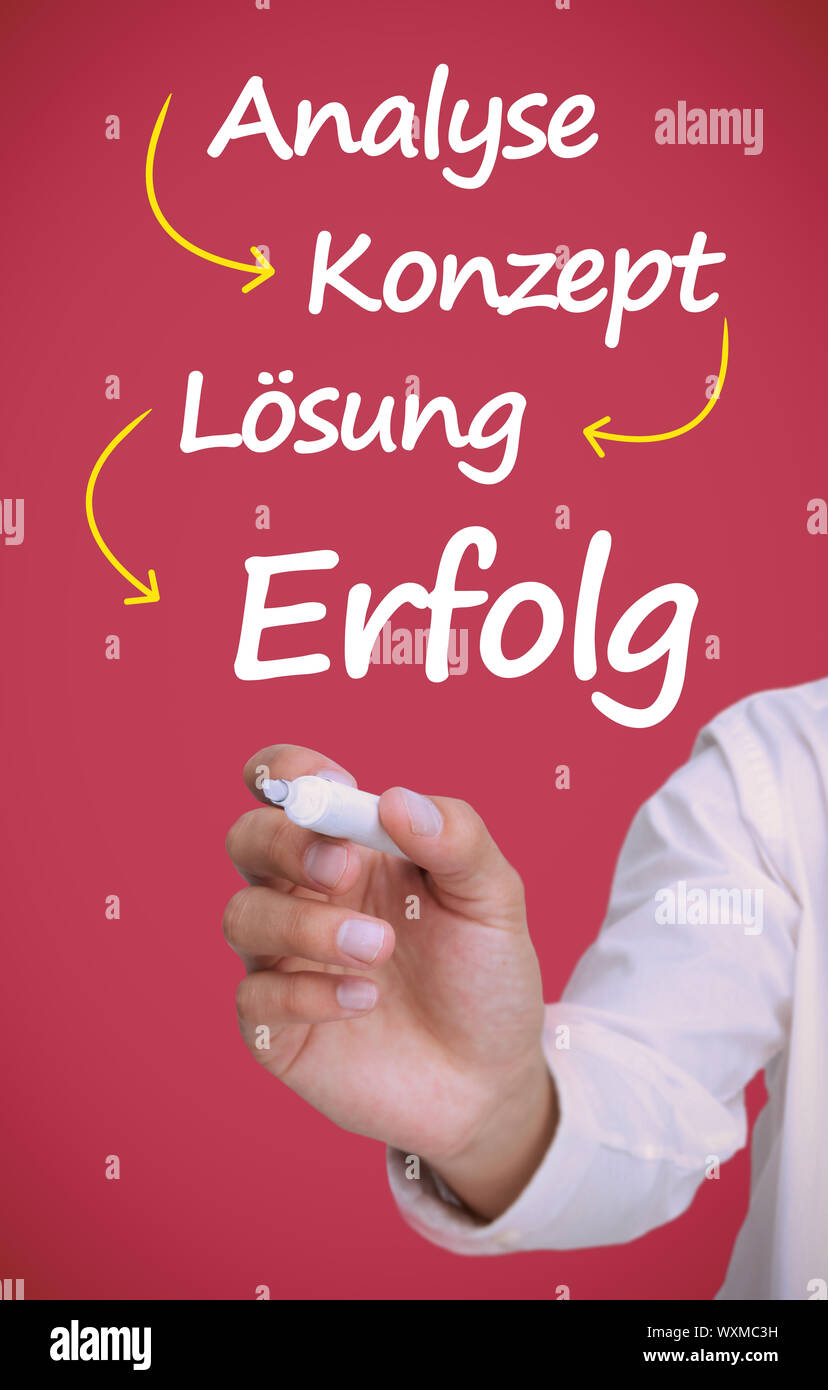 Businessman writing problem analyse konzept losung erfolg in white Stock Photo