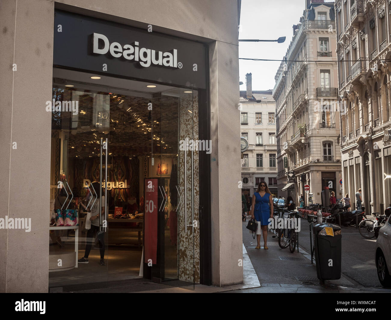 LYON, FRANCE - JULY 13, 2019: Desigual logo in front of their main boutique for Lyon. Desigual is a Spanish fashion designer and retailer specialized Stock Photo