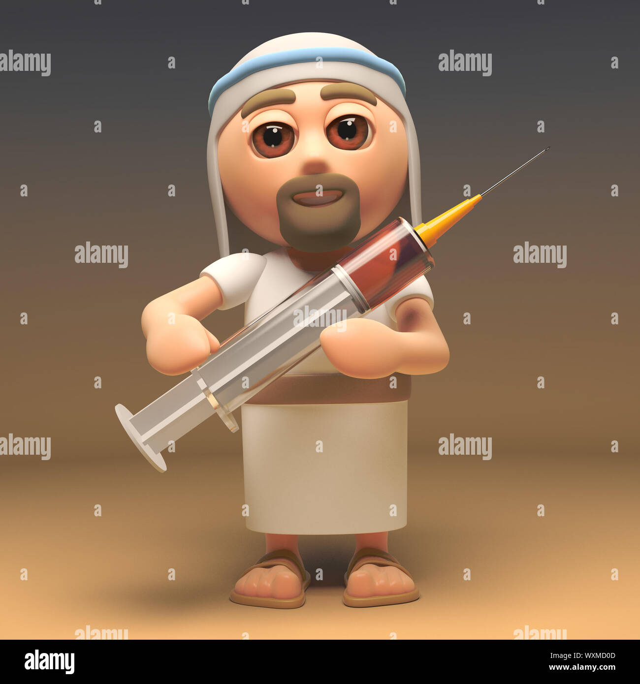 3d cartoon Jesus Christ character holding a medical syringe full of drugs, 3d illustration render Stock Photo