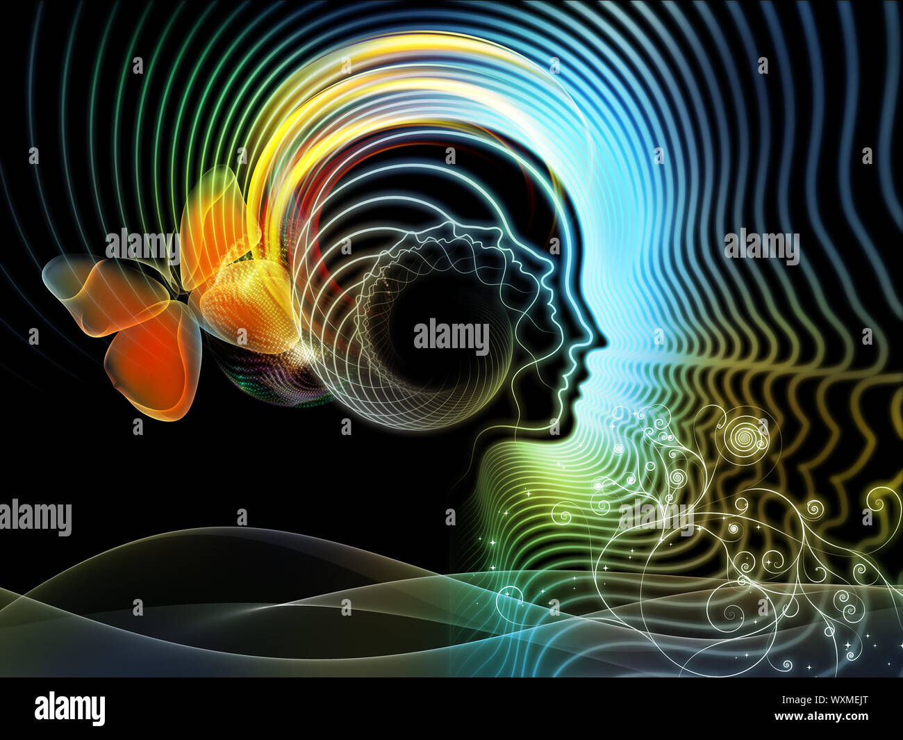 Backdrop composed of human feature lines and symbolic elements and ...