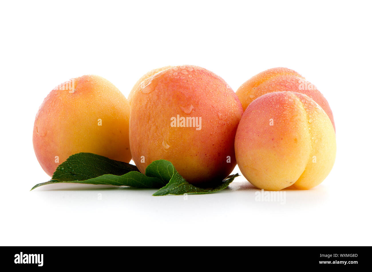 Sweet peaches with leafs on a white background Stock Photo