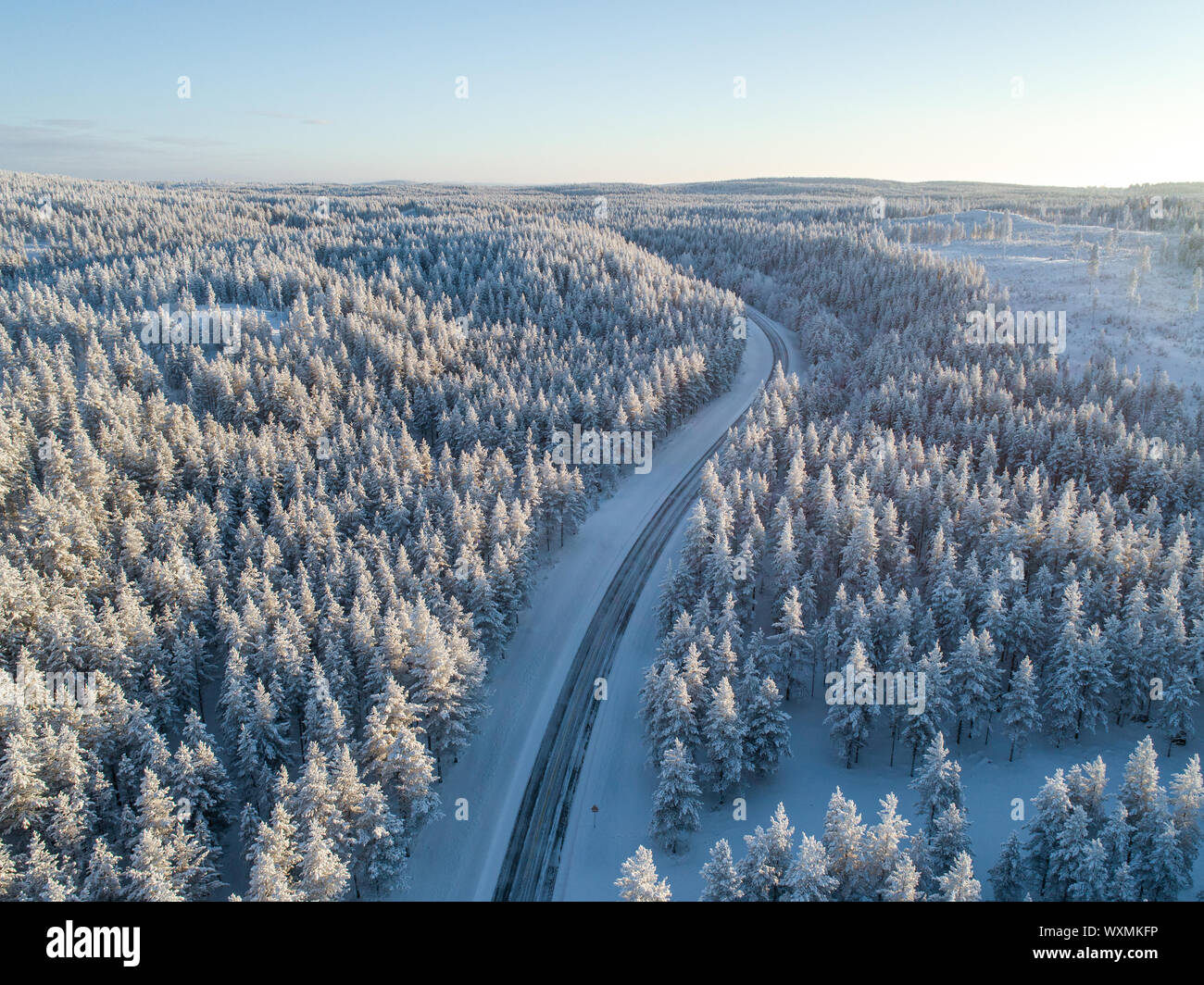 Curvy road in the middle of dense forest at winter day in lapland, Finland Stock Photo