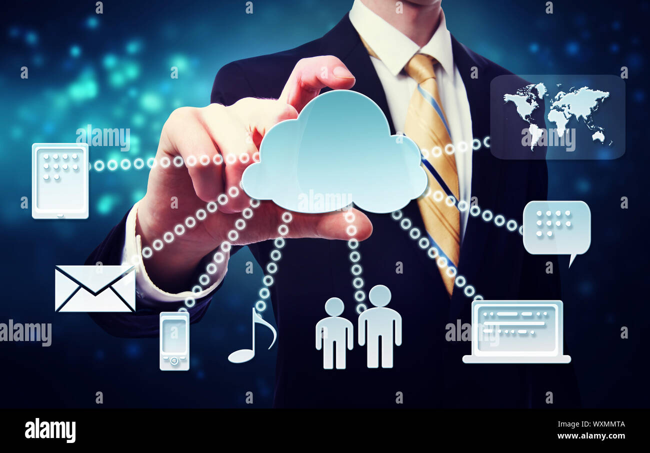 Cloud computing connection concept with business man on a blue ...