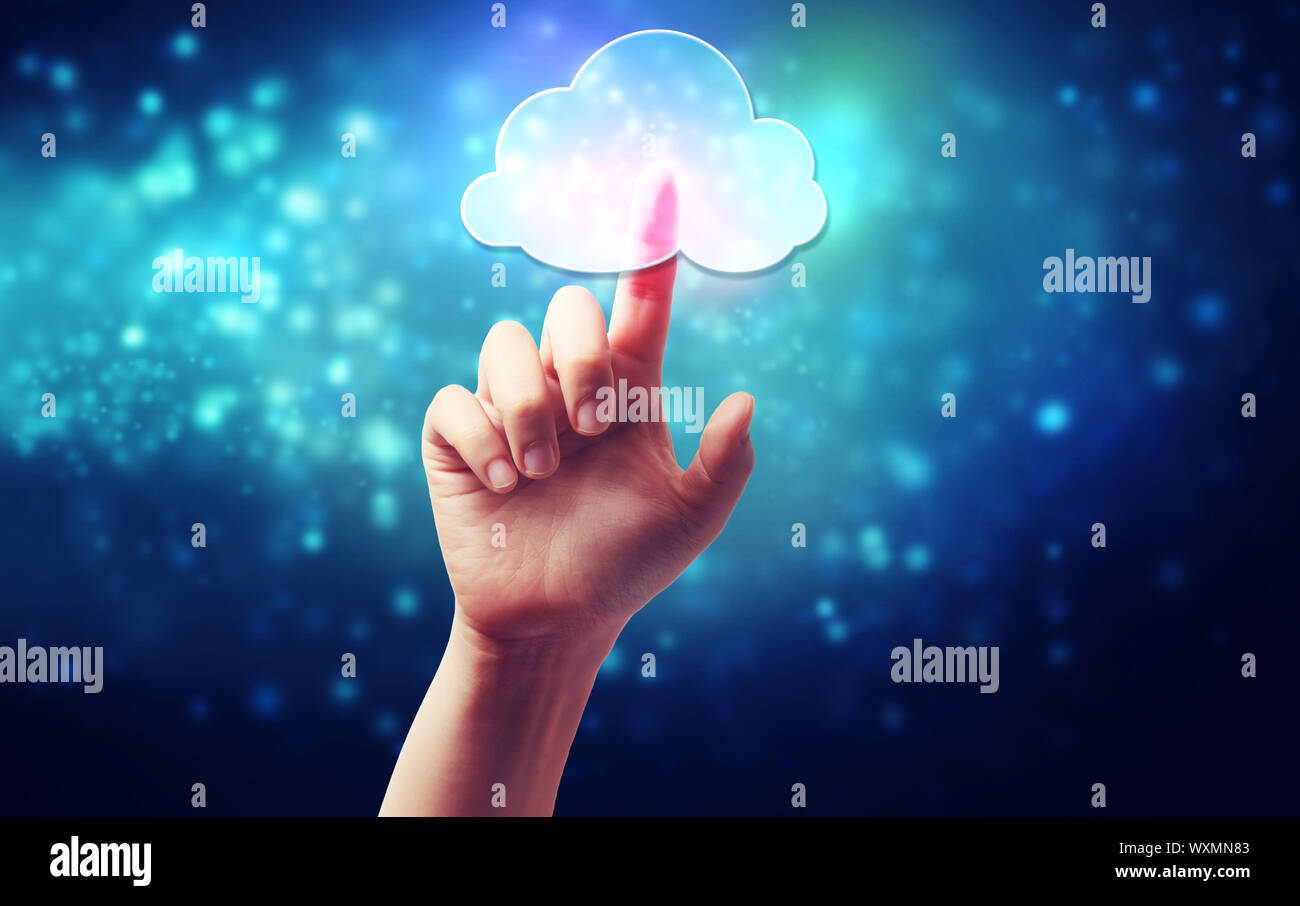 Cloud computing connectivity concept icon being pressed on a blue technology background Stock Photo