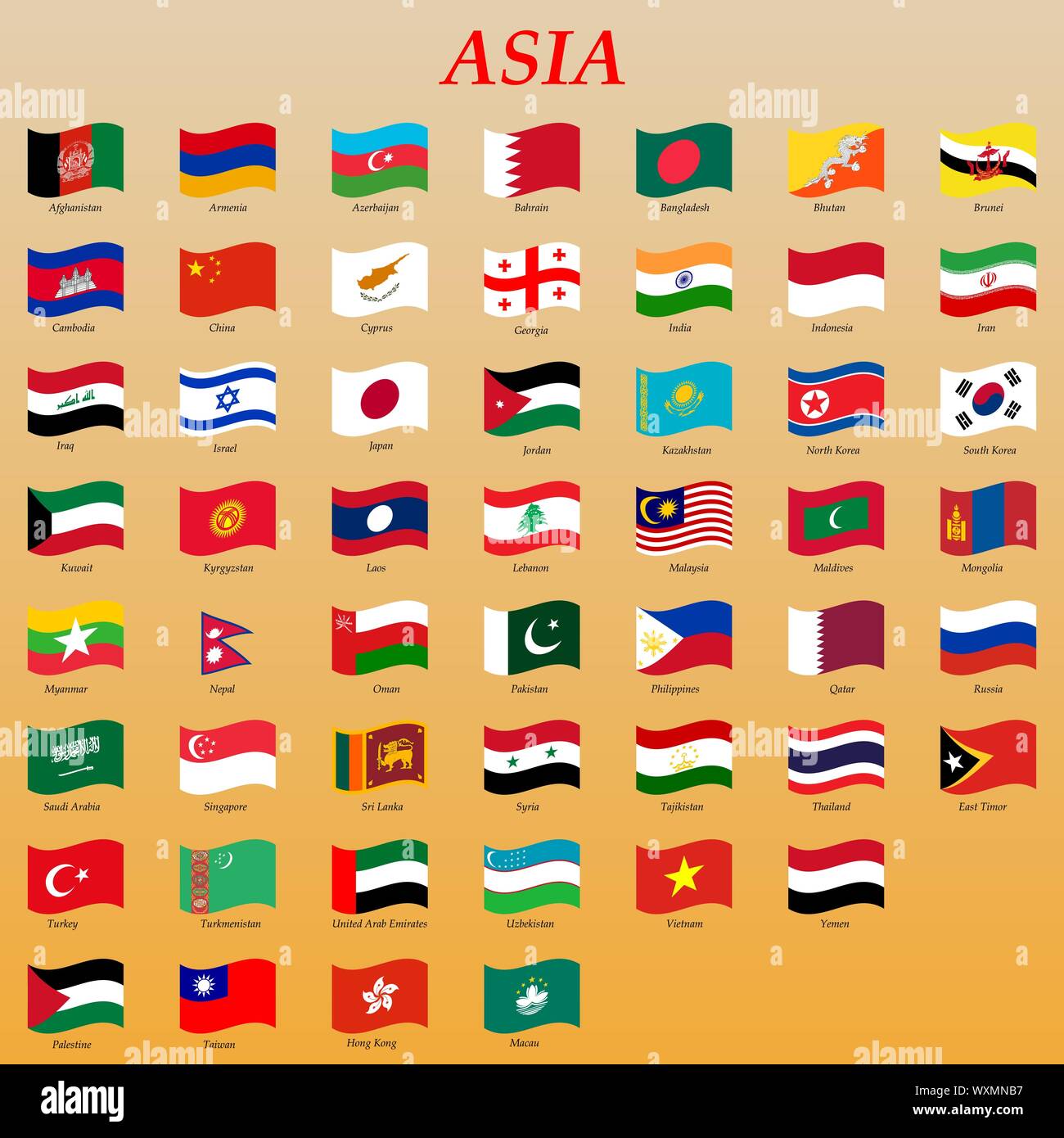 set of waving flags of Asia vector illustration . Template for your design Stock Vector
