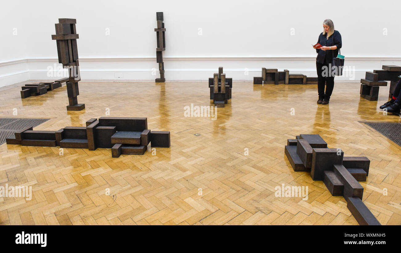 London, UK.  17 September 2019. 'Slab works', 2019, by Antony Gormley, hard-edged steel slabs cut with industrial methods.  Preview of a new exhibition by Antony Gormley at the Royal Academy of Arts.  The show bring together existing and specially conceived new works from drawing to sculptures to experimental environments to be displayed in all 13 rooms of the RA's Main Galleries 21 September to 3 December 2019.  Credit: Stephen Chung / Alamy Live News Stock Photo
