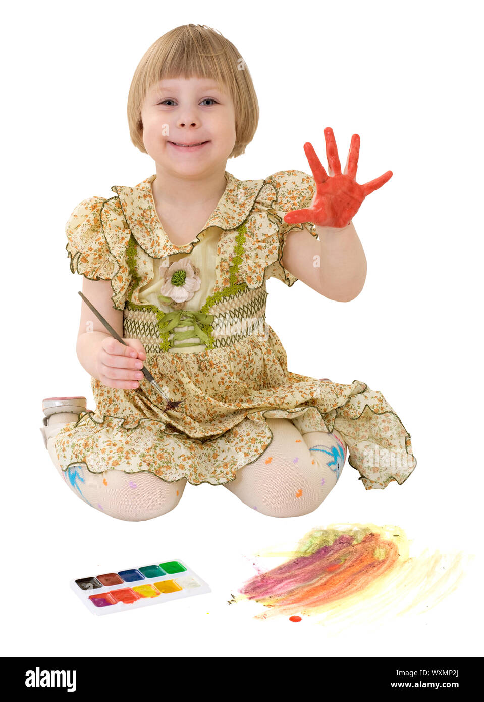 Little girl drawing of water-colore on the white Stock Photo