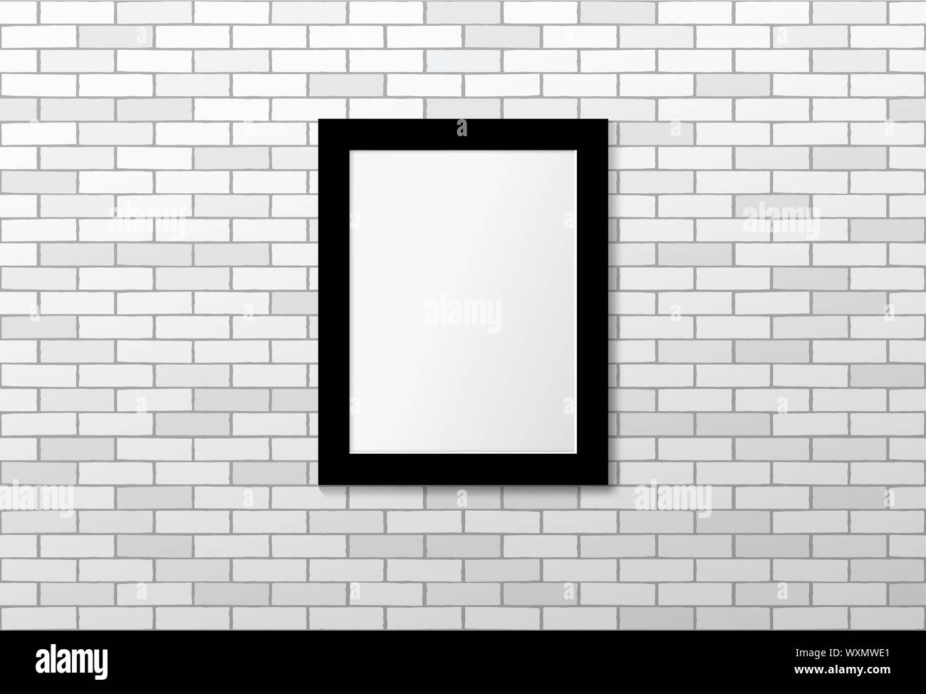 Black frame on white brick wall. Vector mock up Stock Vector