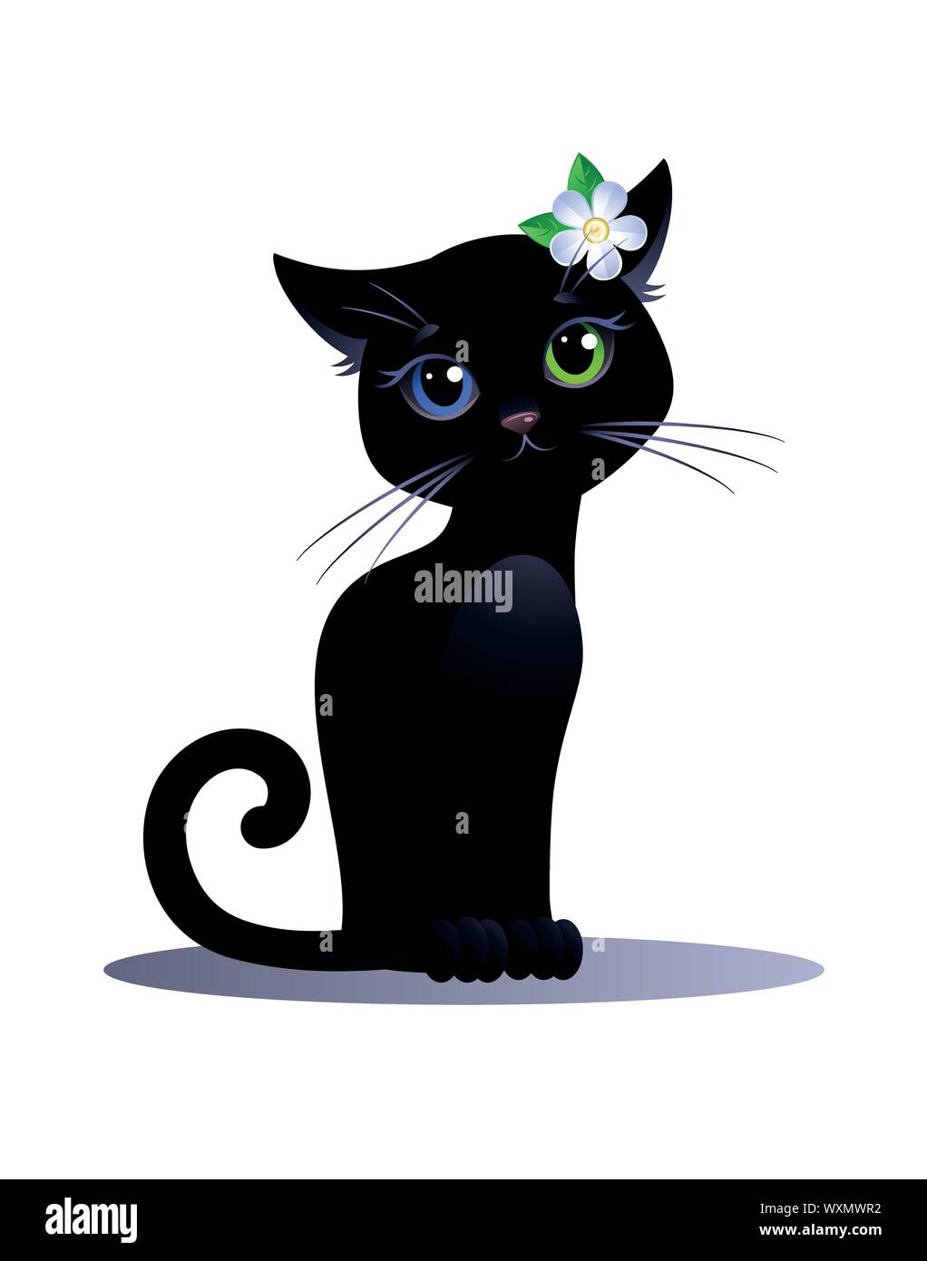 Black cat Girl with eyes of different colors and flower on a white