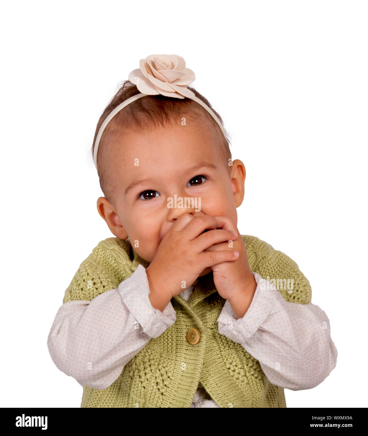 Embarrassed little baby isolated on white background Stock Photo - Alamy