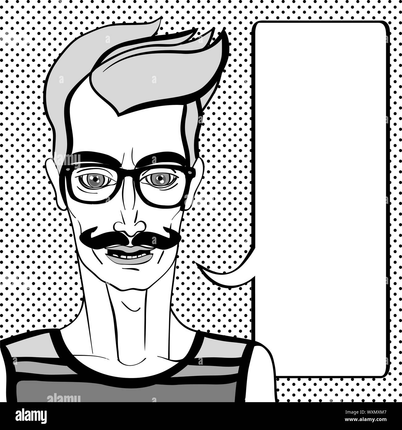 Hipster portrait with speech bubble, hand drawn illustration of a man with moustache and glasses over a background with dots Stock Photo