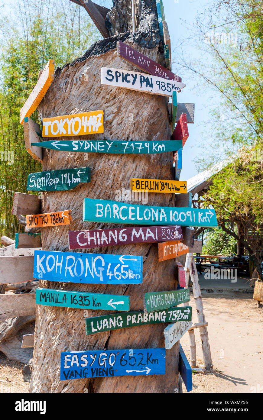 Sign with cities and distances from Laos Stock Photo