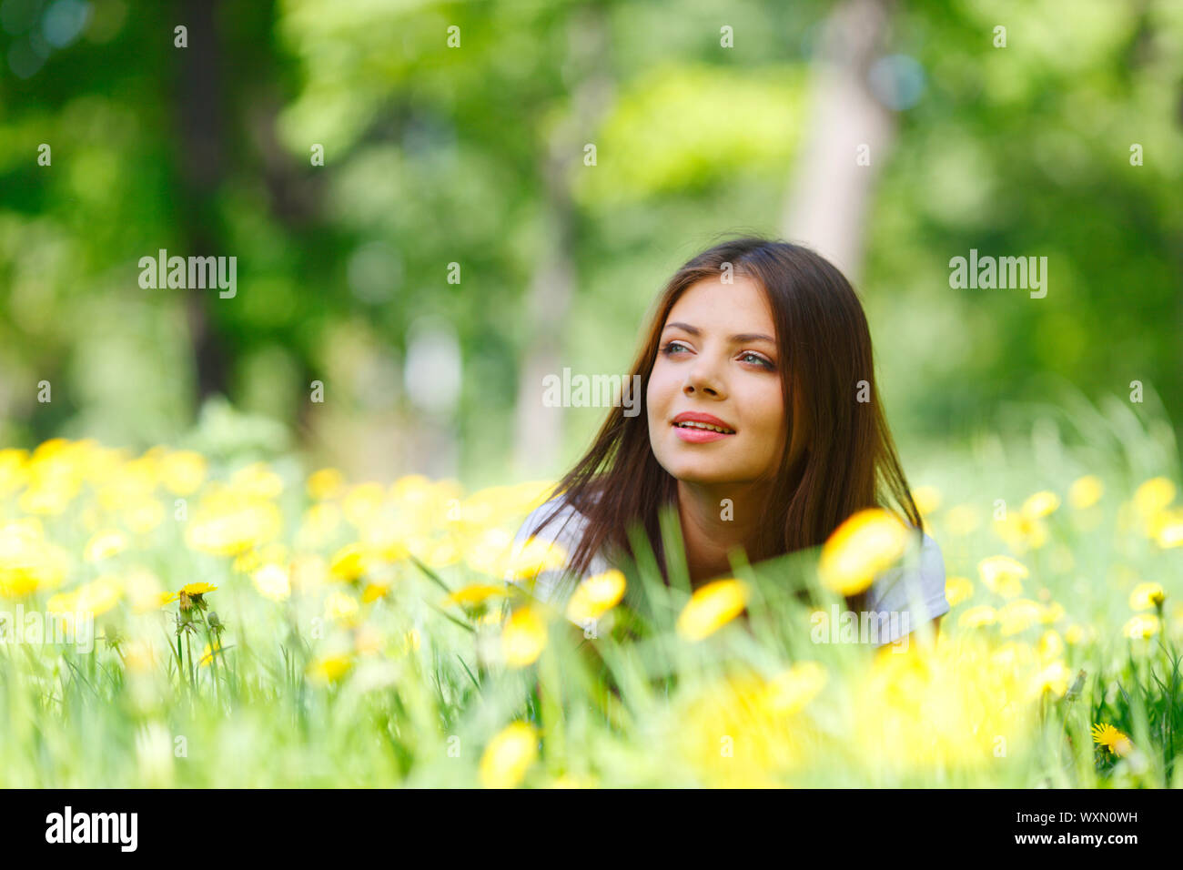 Beautiful young woman lying on grass with flowers Stock Photo - Alamy
