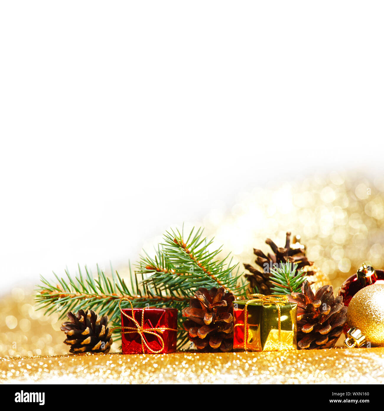 New year card with fir branch and decoration Stock Photo - Alamy