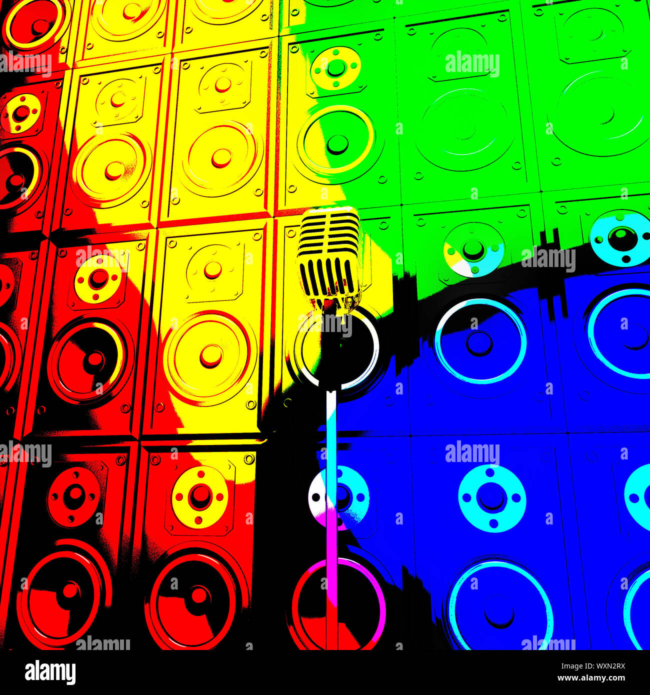 Microphone And Loud Speakers Showing Live Music Performing Or