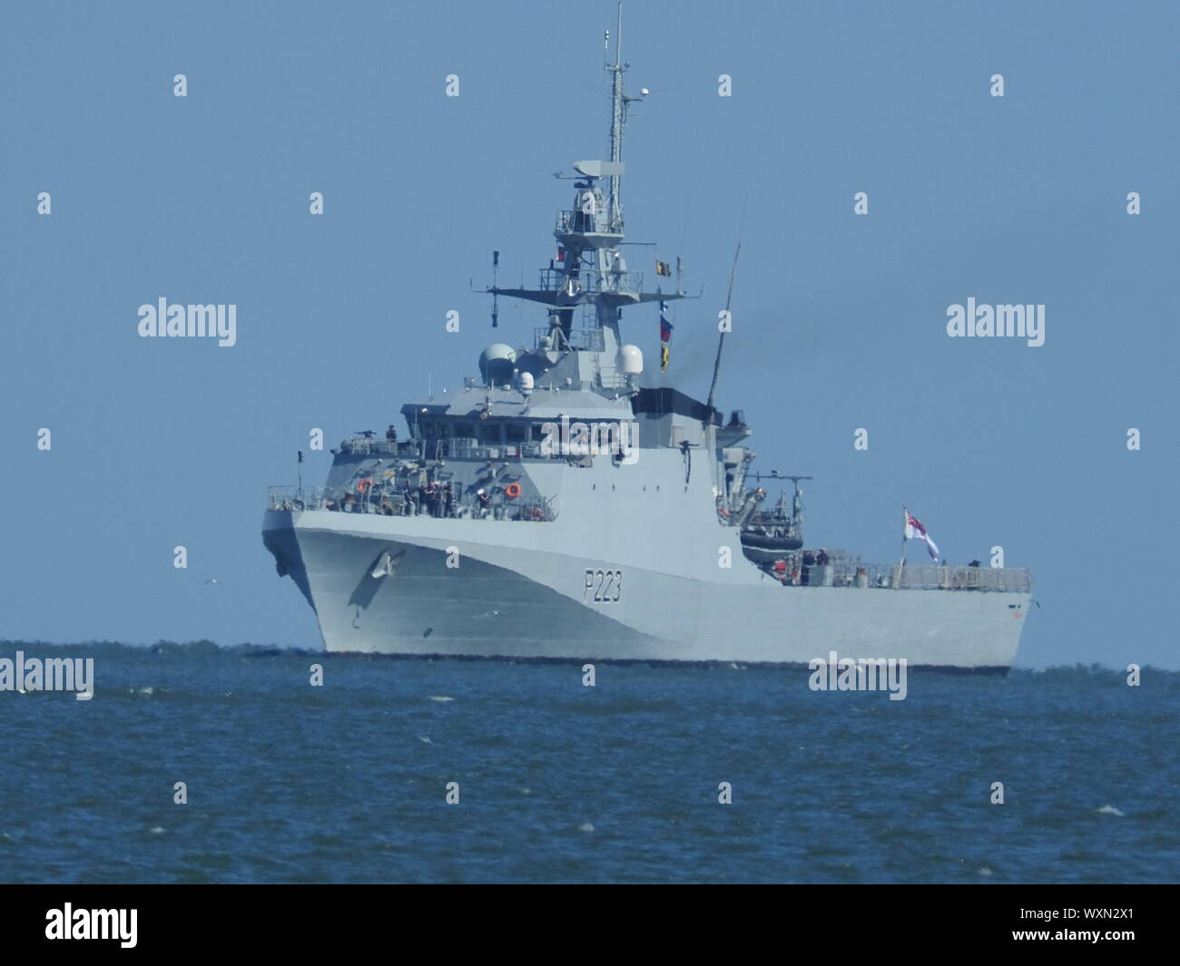 Sheerness, Kent, UK. 17th September, 2019. HMS Medway entering the river Medway at Sheerness, Kent at lunchtime. She is headed to Chatham and unusually will be officially commissioned at the place she is named after during her stay. HMS Medway is a 90-metre offshore patrol vessel and will be involved in counter-terrorism and anti-smuggling operations to help keep Britain safe. Credit: James Bell/Alamy Live News Stock Photo