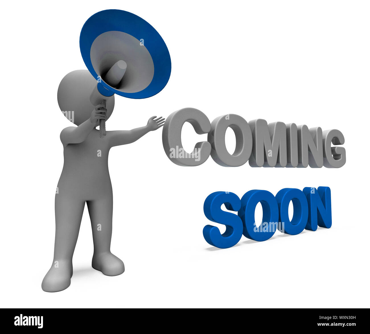 Coming Soon Character Showing New Arrivals Or Promotional Product Stock Photo