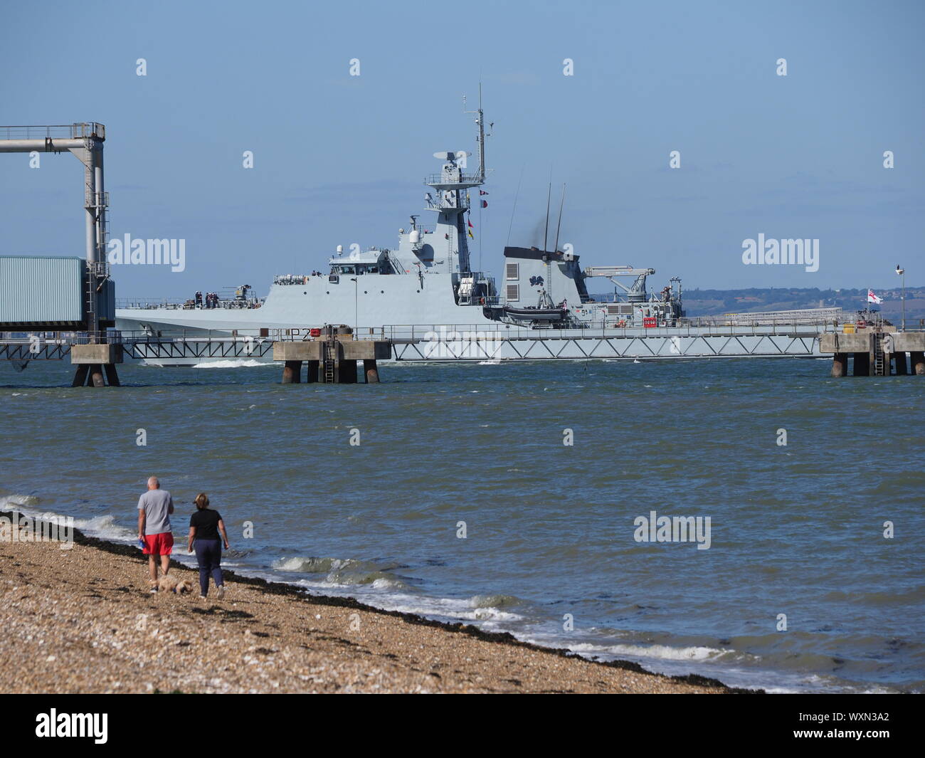 Sheerness, Kent, UK. 17th September, 2019. HMS Medway entering the river Medway at Sheerness, Kent at lunchtime. She is headed to Chatham unusually will be officially commisioned at the place she is named after during her stay. HMS Medway is a 90-metre offshore patrol vessel and will be involved in counter-terrorism and anti-smuggling operations to help keep Britain safe. Credit: James Bell/Alamy Live News Stock Photo