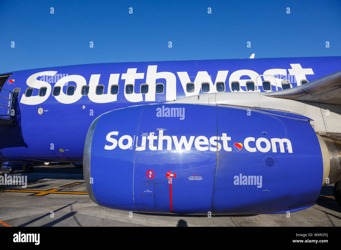 Burbank, California – April 10, 2019: CFM56 engine of a Southwest Airlines Boeing 737-700 airplane at Burbank airport (BUR) in California. Stock Photo