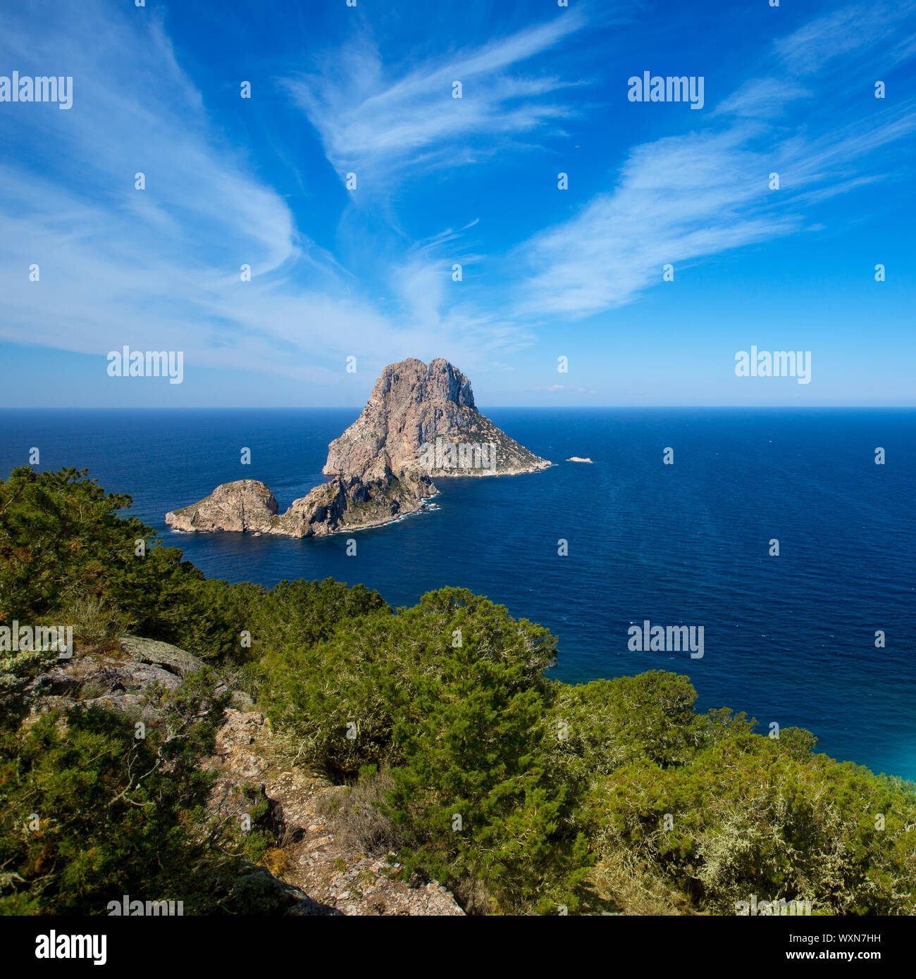 Ibiza Es Vedra and Vedranell from Torre des Savinar Sant Josep in Balearic Islands Stock Photo