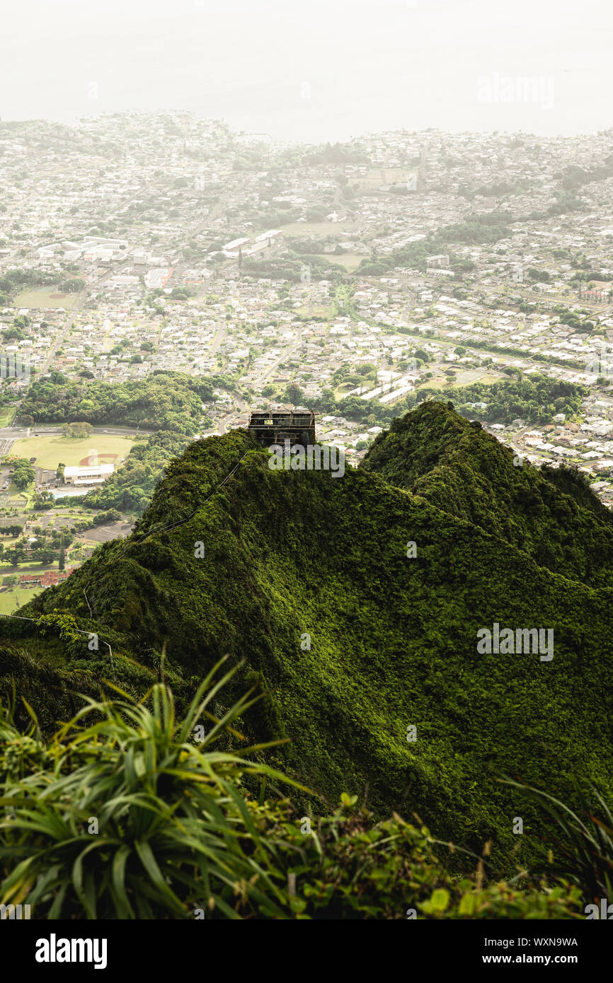 Dramatic moody view of Kaneohe and Ho'omaluhia Botanical Gardenin Oahu, Hawaii. Stock Photo