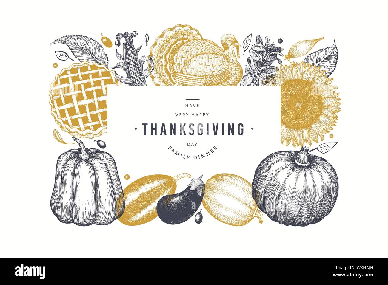 Happy Thanksgiving Day banner. Vector hand drawn illustrations ...