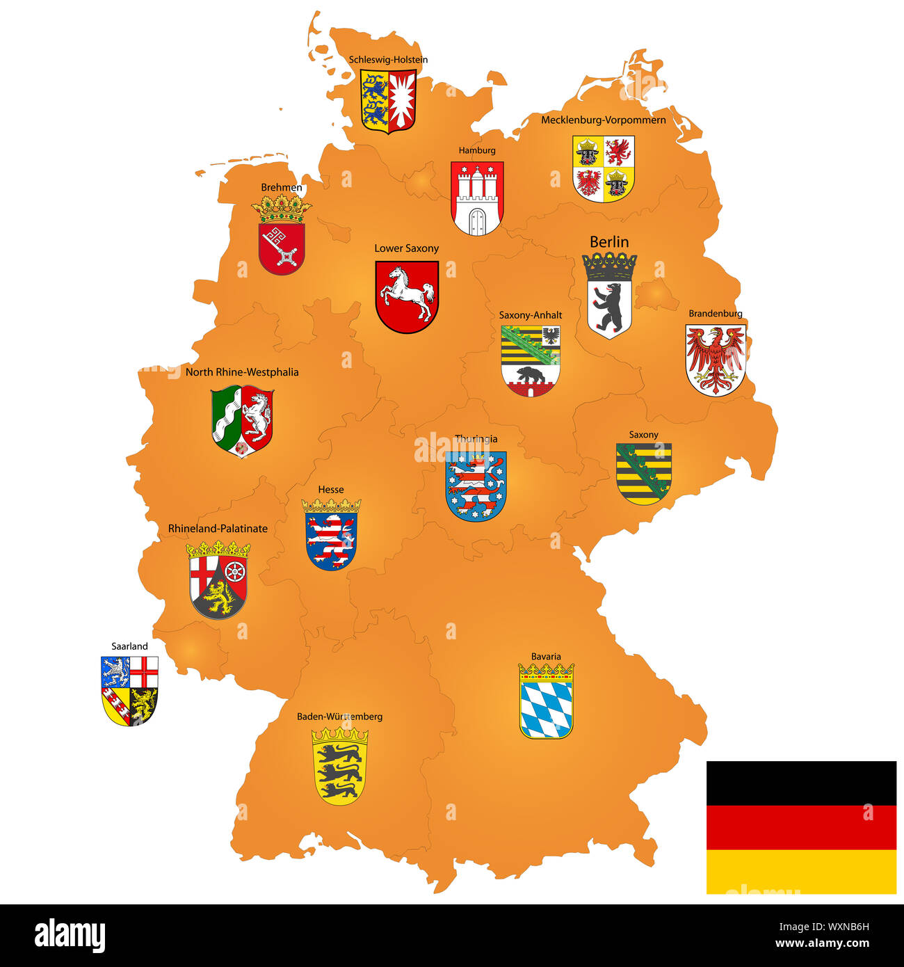 Detailed map of Germany with coat of arms and borders Stock Photo
