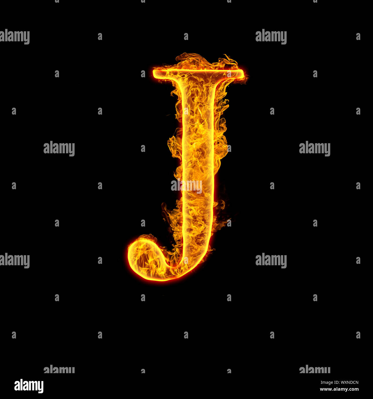 Fire alphabet letter J isolated on black background Stock Photo