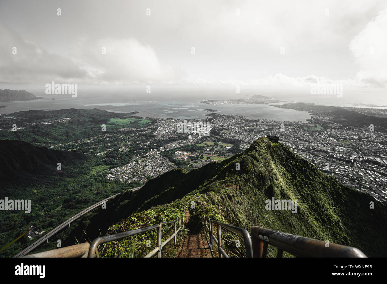 Dramatic moody view of Kaneohe and Ho'omaluhia Botanical Gardenin Oahu, Hawaii. Stock Photo